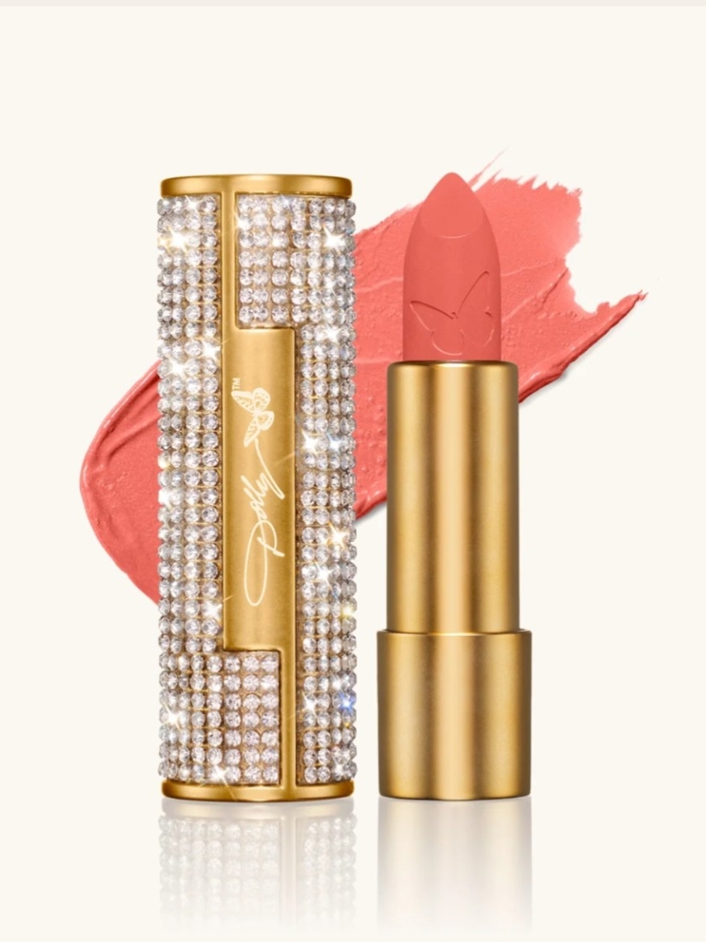 🆕 DOLLY PARTON'S Heavenly Kiss "Peach Perfect" Rhinestone Case Lipstick